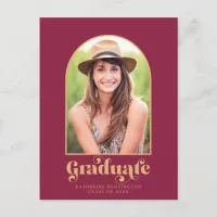 Modern Burgundy Maroon Gold Arch Photo Graduation Announcement Postcard