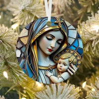 Stained Glass Mosaic | Mary and Jesus Christmas Metal Ornament