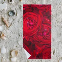 Red rose blossoms with dewdrops - photography beach towel