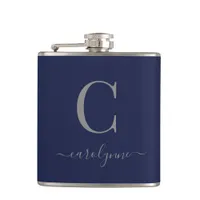Modern Elegant Navy Blue Silver Monogram Flask