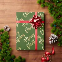 Merry Christmas metallic gold script green Wrapping Paper