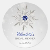 Silver Royal Blue snowflakes bridal shower Classic Round Sticker