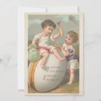 Vintage cute little boys play egg easter blessing  holiday card