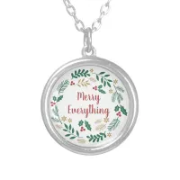 Holly Berry Pine Wreath Merry Everything Holiday Silver Plated Necklace