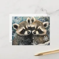 Cute Adorable Baby Raccoons Winter Snow Postcard