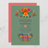 Cactus Green & Coral Rose Folk Art Fiesta Wedding Invitation