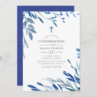 Watercolor Navy Indigo Leaves Confirmation Invitation