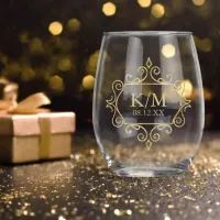 Fine Filigree Gold Wedding Initials ID871 Stemless Wine Glass