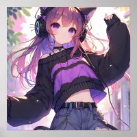 Pretty Anime Girl in Headphones with Cat Ears Poster