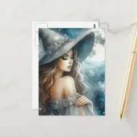 Gorgeous Witch in Silver Dress and a Full Moon Postcard