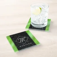 Elegant Black Marble & Lime Green Foil Monogram Glass Coaster