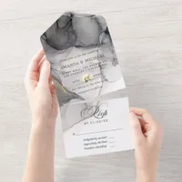 Black and Gold Alcohol Ink Wedding All In One Invitation