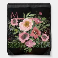 Pink Floral Black Watercolor Monogram Drawstring Bag