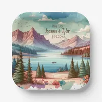 Watercolor Mountain Views Wedding  Paper Plates