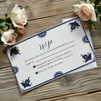 Mexican Blue Floral Otomi Simple Fiesta Wedding RSVP Card