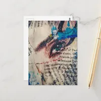 A face and words abstract mixed media collage postcard