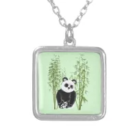 Cute Panda Sitting in Bamboo Silver Plated Necklace