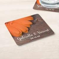 Rustic Orange Daisy Barn Wood Country Wedding Square Paper Coaster