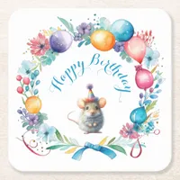 Cute Mouse Wearing a Party Hat Square Paper Coaster