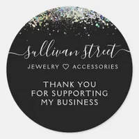 Black Holographic Glitter Small Business Thank You Classic Round Sticker