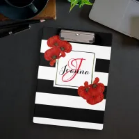 Red Poppies on Black & White Striped Background Clipboard