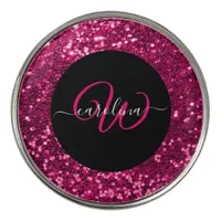 Stylish monogram pink glitter name black golf ball marker