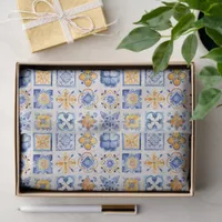 Blue White Yellow Tiles Pattern Summer Aesthetic  Tissue Paper