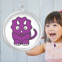 Cute Purple Triceratops Cartoon Fun Dinosaur Silver Plated Necklace