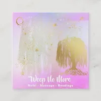 *~* Rainbow Cosmic Willow Tree Moon Gold Square Business Card