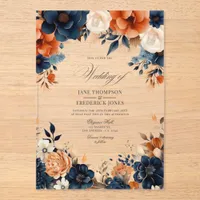 Navy Blue, Burnt Orange & Champagne Floral Wedding Acrylic Invitations