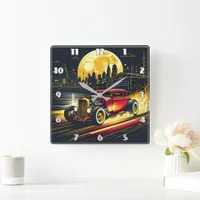 Vintage hot rod racing through a city at night square wall clock