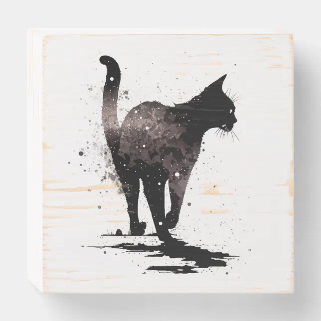 Walking Cat Silhouette Black on White Wooden Box Sign