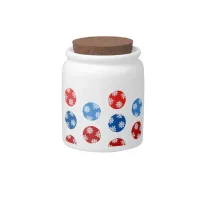 Christmas blue and red ornaments with snowflakes candy jar