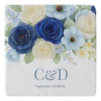 Navy Royal Bue Wedding Watercolor Ivory Flowers Trivet
