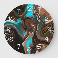 Brown and Blue Teal Marble Fluid Art    Large Clock