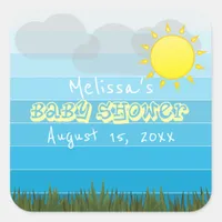 Sun Clouds and Grass on Blue Stripes Baby Shower Square Sticker