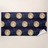 Full Moon on Starry Night Hand Drawn   Beach Towel