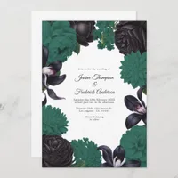 Black & Emerald Green Photo/QR Code Floral Wedding Invitation