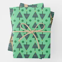 Rustic Named Christmas Tree Pattern Green Wrapping Paper Sheets