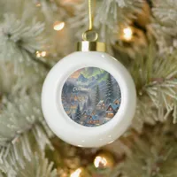 Christmas in a mountain village, polar lights  ceramic ball christmas ornament