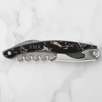 Chic Black Marble Rose Gold Foil Monogram Waiter's Corkscrew