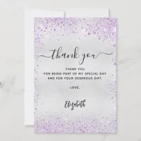 Silver lavender glitter thank you card