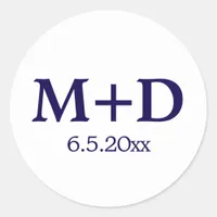 Minimalist Blue Couple Initials & Date Classic Round Sticker