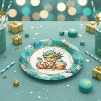 Personalized Gold Teal Dragon Boy's Birthday Party Paper Plates