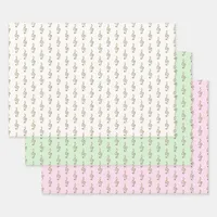 Treble Clef Music Themed Cream Green Pink Set of 3 Wrapping Paper Sheets