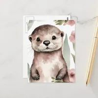 Adorable Otter With Pink Flowers Postcard
