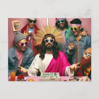 Colorful Funny Jesus at his Birthday Punk Rock Postcard