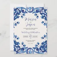 Mexican Blue Talavera Majolica Floral Boda Wedding Invitation