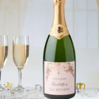Birthday party pampas grass blush rose floral name sparkling wine label