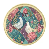Elegant White Doves Pink Floral & Gold Geometric Gold Finish Lapel Pin
